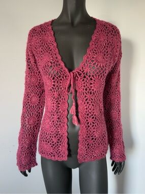 341. April Cornell Raspberry Openwork Tie-Front Sweater Cardigan